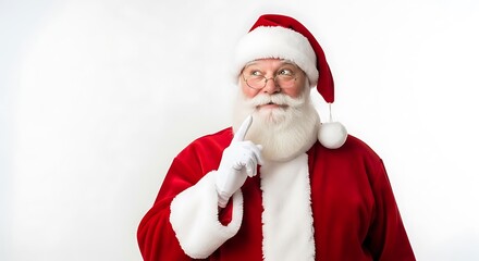A cheerful Santa Claus with a white beard and mustache, wearing his iconic red suit and hat, gestures with his finger to his lips in a 'shushing' pose.