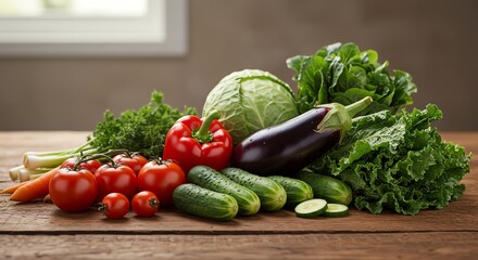 Fresh vegetables assortment on wooden table