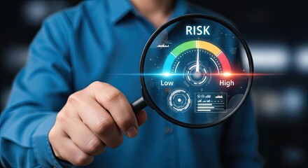 Businessman examining financial risk meter with magnifying glass digital analytics data visualization