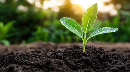 Small sprout growing from soil with morning dew, symbolizing new beginnings and growth