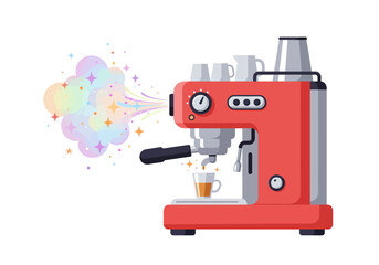 Fototapeta premium Red Espresso Machine with Colorful Steam Illustration.