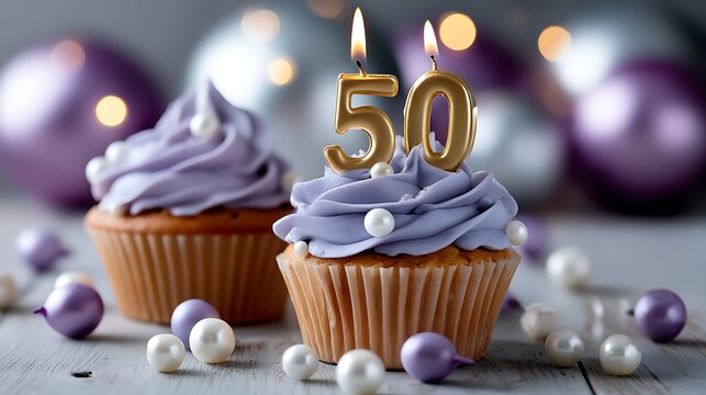 Celebratory 50th Birthday Cupcakes with Purple Frosting and Pearls