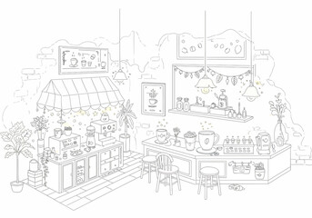 Line Art Illustration of a Cozy Cafe Interior.