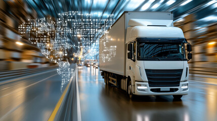 Efficient logistics truck driving through warehouse with digital world map overlay