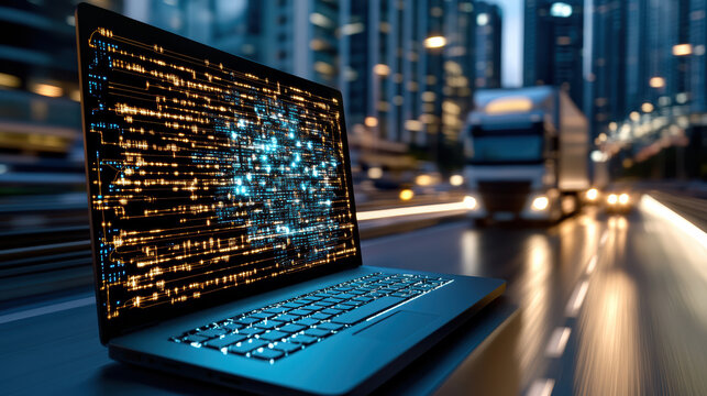 Digital laptop displaying data visualization city street night, showcasing technology and urban