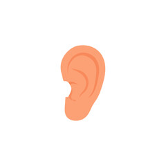 Simple cartoon illustration of a human ear with a peach skin tone on a plain white background, depicting the external auditory organ.