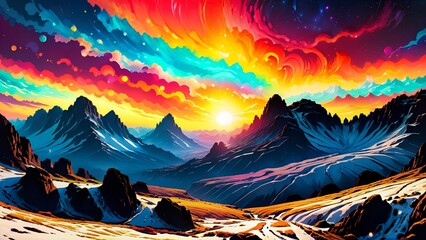 Colorful snowy mtn sunset