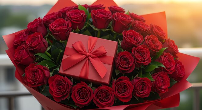 Red roses bouquet with gift box