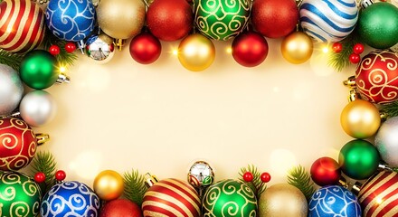 A festive border of colorful Christmas ornaments and greenery frames a blank space, perfect for a holiday greeting.