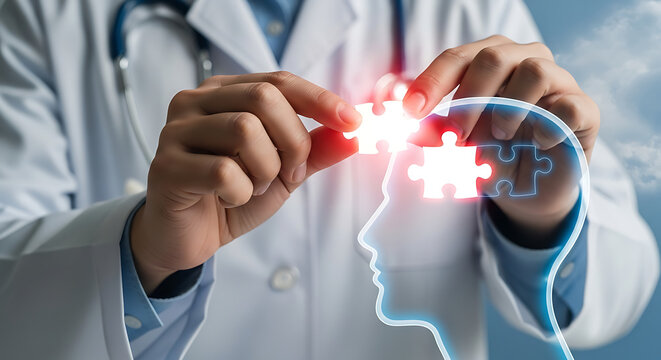 Healthcare professional assembling puzzle pieces within a human head silhouette, symbolizing mental health and brain function
