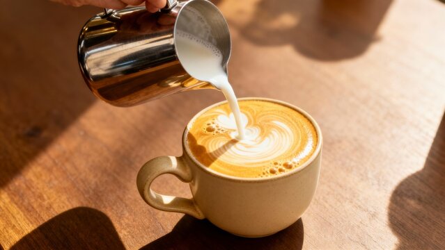 A barista pours milk to finish latte art on a coffee cup atop a sunlit wooden table.
