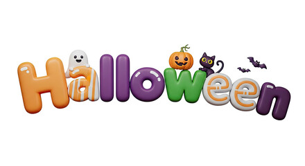Naklejka premium Halloween-themed text with pumpkins, ghosts, and bats.