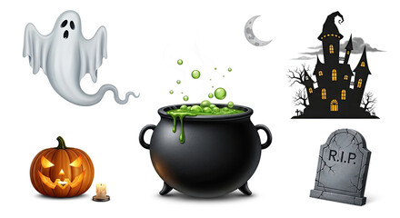 Halloween icons set with a ghost, cauldron, castle, pumpkin, and tombstone.