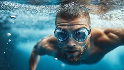 Underwater close up of a male athlete swimming in a pool.