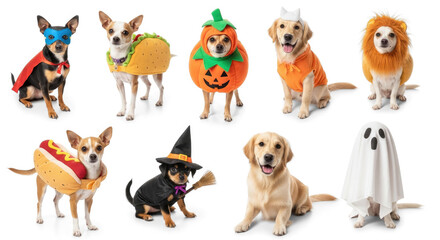 A group of dogs in various costumes, including a taco, pumpkin, lion, ghost, and hot dog.