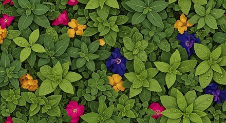 Lush Green Foliage Background with Brightly Colored Accent Flowers and Dew Drops. Detailed nature texture with mint-like leaves and pink, yellow, and blue blossoms.