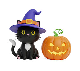 A cute black cat wearing a purple witch hat and sitting next to a jack-o'-lantern with a lit face on a white background.
