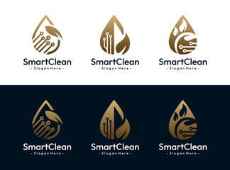 Set of Eco-Tech Drop logo template design. Water drop, leaf and circuit board icon concept. Vector illustration