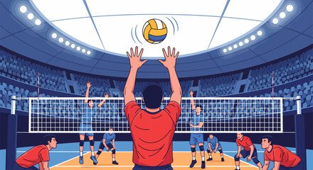Volleyball Player Setting the Ball in a Stadium. © Arie