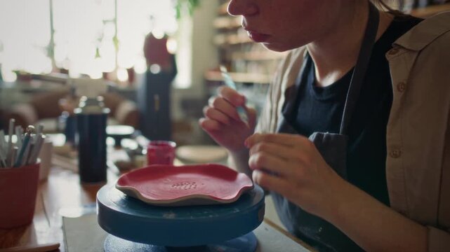 Young female ceramic artist in apron drawing details on red glazed plate with scribe tool at worktable in pottery studio. Tilt-down shot