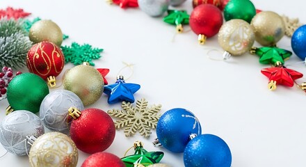 A festive collection of colorful Christmas ornaments and sparkling snowflakes scattered on a white surface.