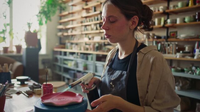Young female potter in apron holding blowtorch while firing surface of red glazed ceramic plate on rotating stand in workshop filled with tools and handcrafted works