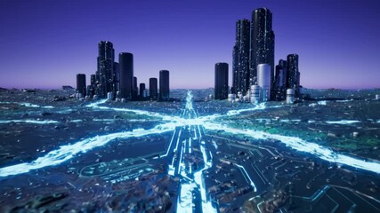 Futuristic City Emerging From Circuit Board With Glowing Blue Lines - Powered by Adobe