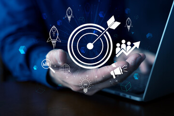 Target marketing and business growth strategy with goal achievement and digital innovation concept icons