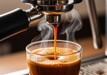 Steaming espresso shot pouring into a clear glass cup