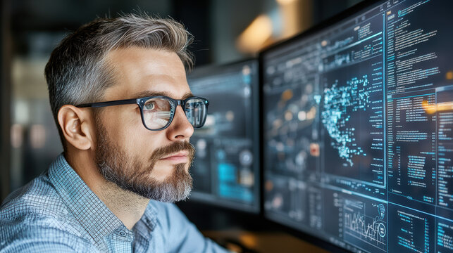 Focused technical analyst working on logistics control screen with data visualization