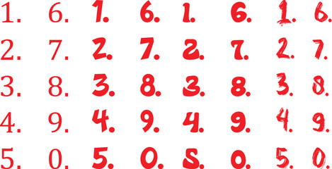 Red handwritten numbers set in multiple styles, artistic numerals from 0 to 9 with textured brush and ink variations, creative typography for design, posters, labels, or digital illustration projects.