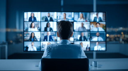 Man attentively watches group video call, captivated by interaction of stakeholders and collaborative spirit conveyed through screen