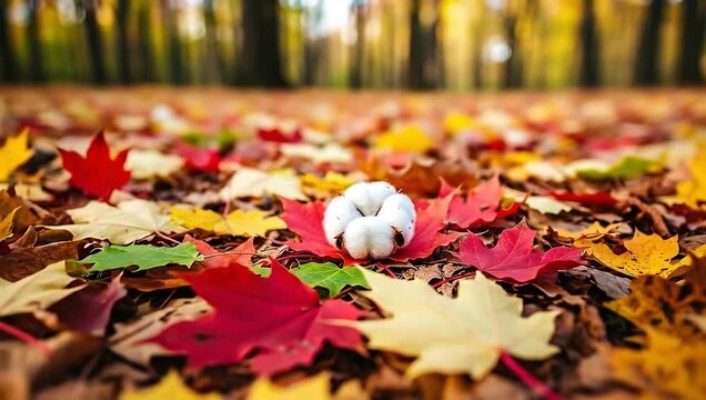 Autumn Cotton Ball Amidst Colorful Fallen Maple Leaves in Forest.