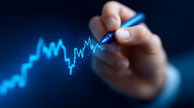 Person's hand, Global Finance Growth, Investment Strategy, Coin Stacks, Graphs. Data-driven Blue Finance Interface with Interactive Graph and Copy Space for Text