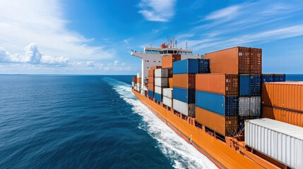 Large cargo ship navigating through clear blue waters, transporting colorful containers