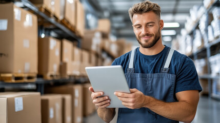 Efficient warehouse worker using tablet to manage inventory and orders