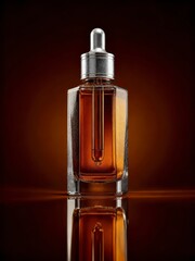 Naklejka premium An amber fragrance bottle with a silver cap is lit minimally to convey a luxurious mood. 