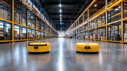 Automated robots in modern warehouse environment, showcasing advanced technology and efficiency