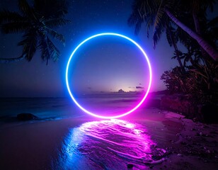 Beach scene with neon ring, palms, starry sky, and gentle waves