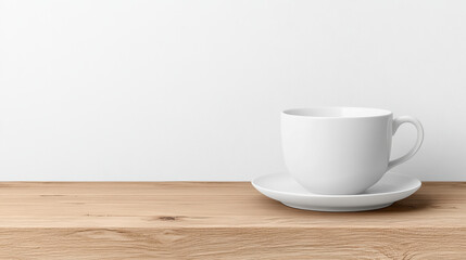 Fototapeta premium White cup and saucer on light wood surface creates warm, minimalistic atmosphere