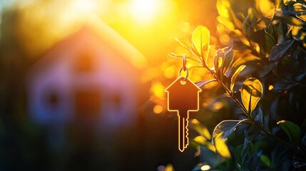 A key with a house-shaped pendant hanging from a branch in a natural setting with a blurred house in the background.