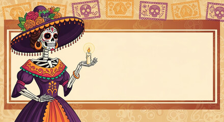 A skeleton woman in a purple dress holding a lit candle, with a background of skull patterns and floral decorations.