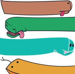 Horizontal and long animals or snakes or characters with funny faces.