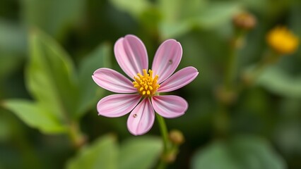 Fototapeta premium A vibrant pink cosmos flower with a yellow center set against a soft green background, ideal for projects needing themes of beauty, nature, serenity, and spring