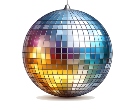 Disco ball icon, shiny mirrored surface reflecting colorful lights transparent background 