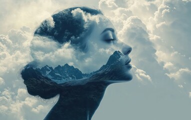 Surreal double exposure of a serene woman’s profile with closed eyes blended with mountain peaks and cloudy sky, evoking peace and harmony with nature