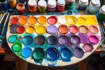 Colorful artist paint palette with thick dabs of oil paint arranged in rows on a wooden palette surrounded by paint jars and brushes conveying creativity and artistic work