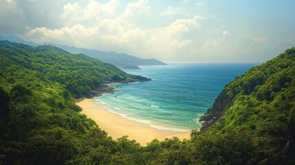 Serene tropical beach surrounded by lush green hills under a partly cloudy sky with calm ocean waves gently reaching the shore creating a peaceful atmosphere