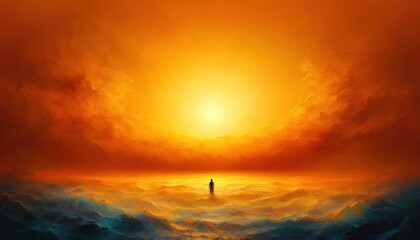 A lone figure walking into a glowing orange misty horizon with bright sun and dark blue clouds creating a dramatic and surreal atmosphere