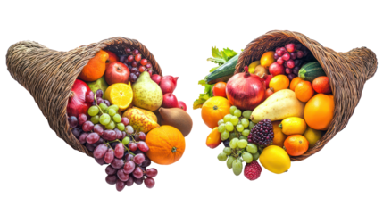Two cornucopias overflowing with fresh fruit isolated on transparent background